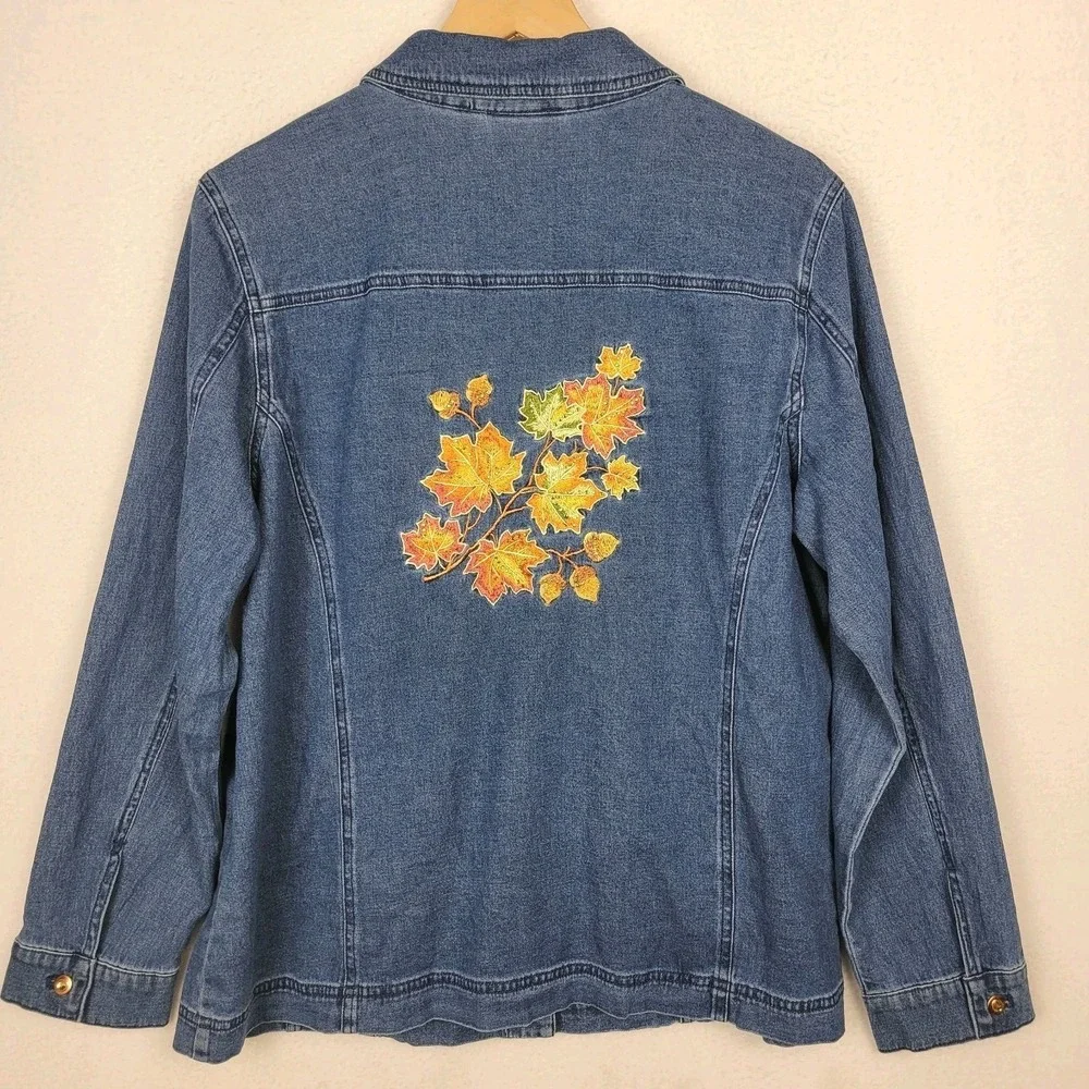 Quacker Factory Lightweight Denim Jacket Women's L Leaf Embroidery Sparkle - Picture 3 of 14